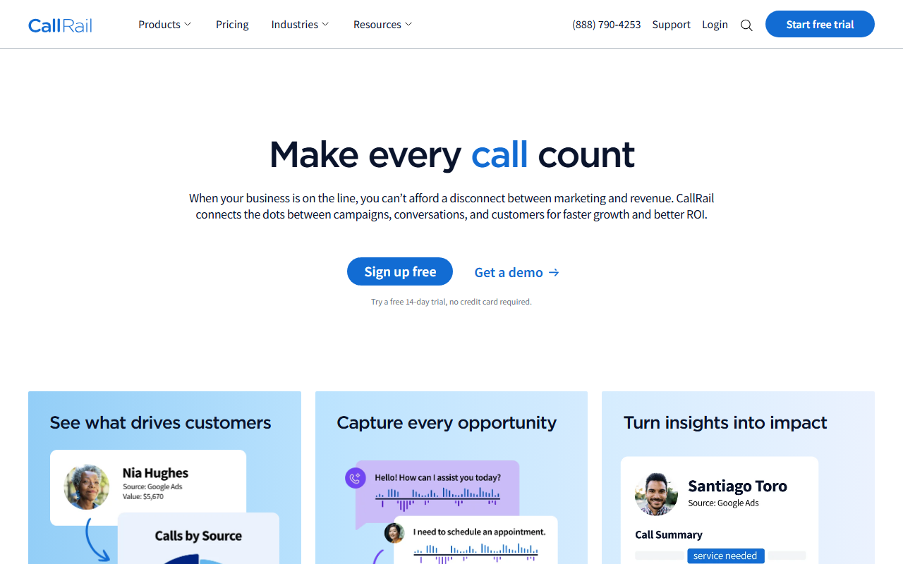 The CallRail website, captured while I wrote this review